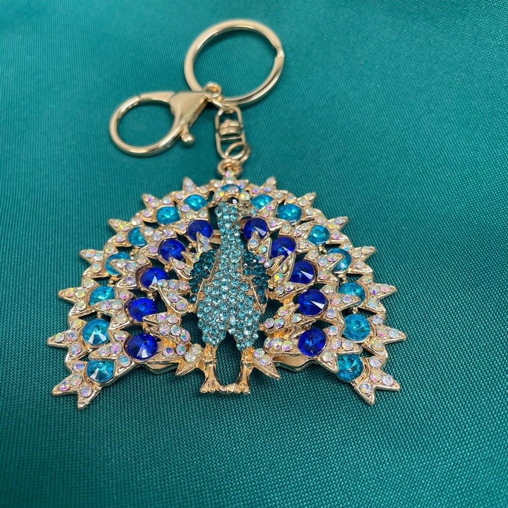 Peacock Bag Charm with Blue and Gold Accents